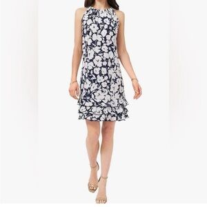 MSK Black &White Shift Dress Ruffle Hem Sparkle dots Rush Neckline Women’s L